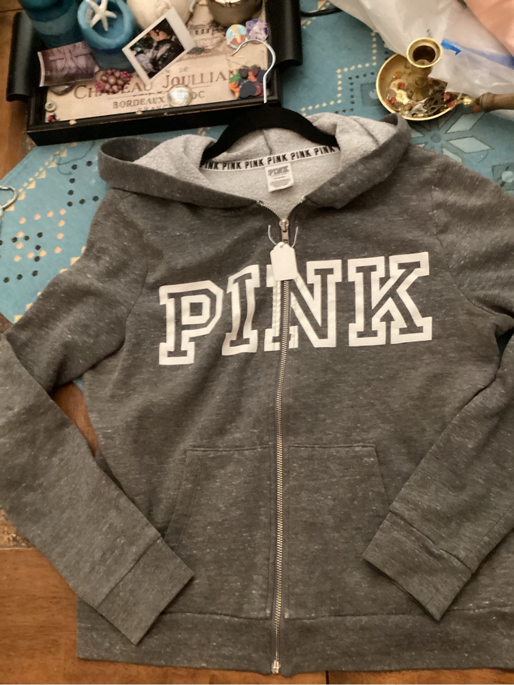 PINK Victoria's Secret Gray Full-Zip Hoodie with White Logo